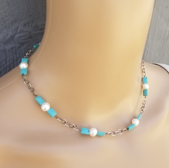 VINTAGE STERLING SILVER CHAIN WITH GENUINE PEARLS & TURQUOISE NECKLACE - Picture 2 of 6
